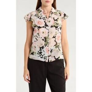 ALICE + OLIVIA Martel Floral Flutter Sleeve Silk Button-Up Shirt